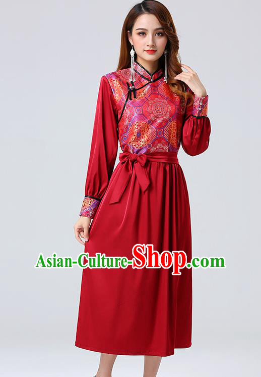 Traditional Chinese Mongol Minority Ethnic Costume Garment Mongolian Nationality Women Red Dress Apparels