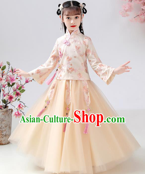 Chinese Traditional Hanfu Ming Dynasty Girls Printing Beige Blouse and Skirt Ancient Children Costumes for Kids