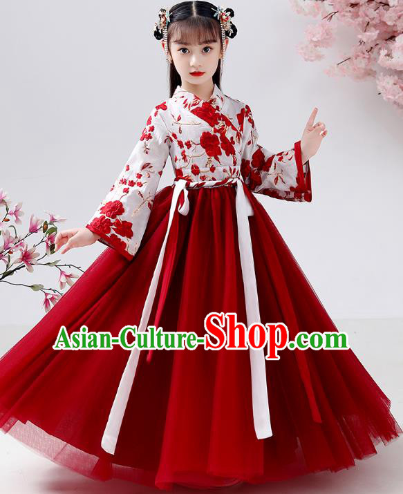 Chinese Traditional Hanfu Ming Dynasty Girls Blouse and Red Skirt Ancient Children Chiffon Costumes for Kids