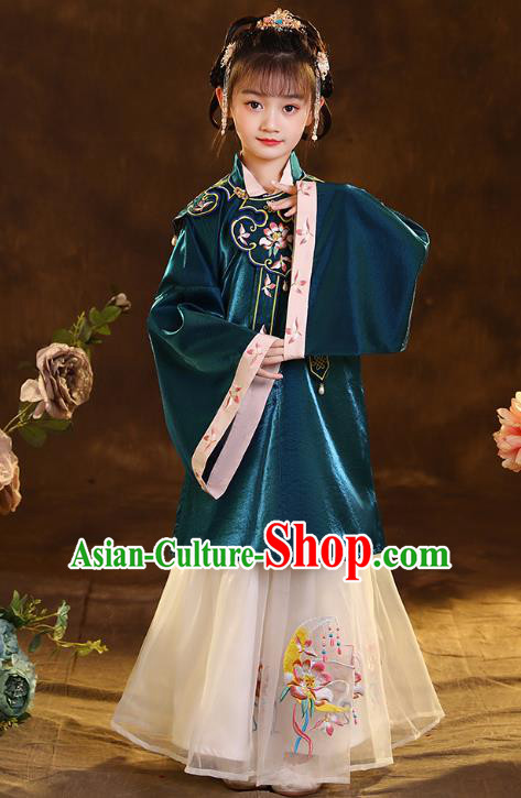 Chinese Traditional Tang Suit Green Blouse and Beige Skirt Ancient Girl Hanfu Costumes for Kids