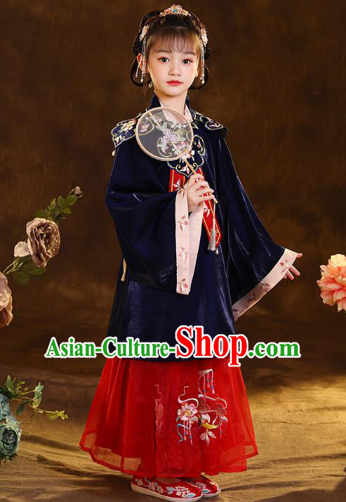 Chinese Traditional Tang Suit Deep Blue Blouse and Red Skirt Ancient Girl Hanfu Costumes for Kids