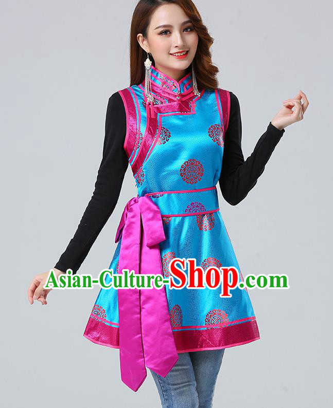 Traditional Chinese Mongol Minority Blue Brocade Vest Dress Ethnic Costume Mongolian Nationality Women Garment Apparels
