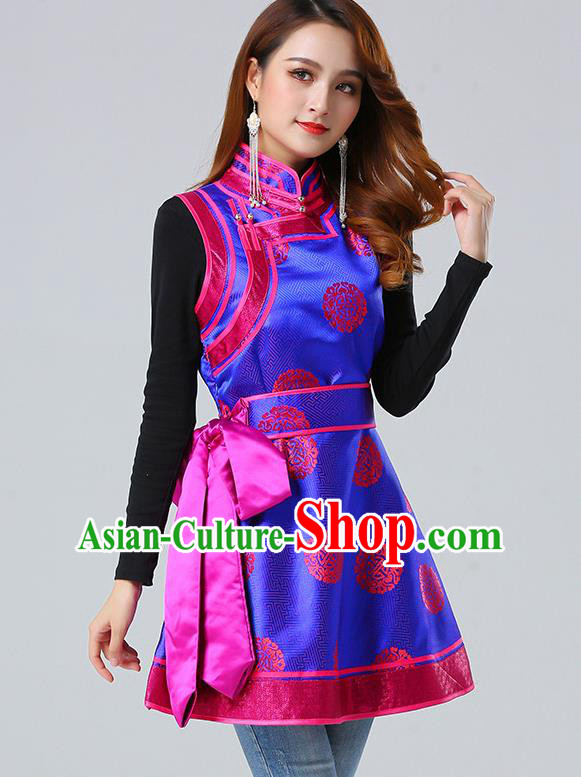 Traditional Chinese Mongol Minority Royalblue Brocade Vest Dress Ethnic Costume Mongolian Nationality Women Garment Apparels