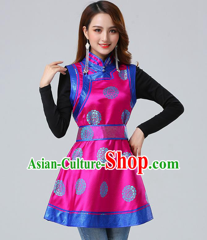 Traditional Chinese Mongol Minority Rosy Brocade Vest Dress Ethnic Costume Mongolian Nationality Women Garment Apparels