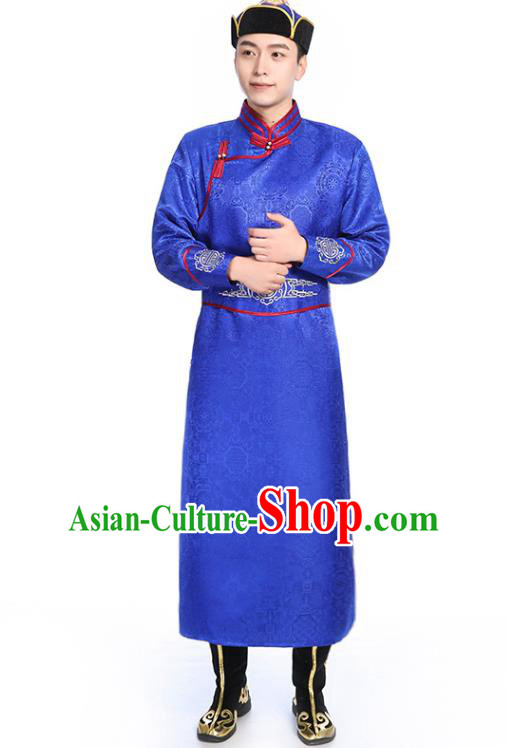 Chinese Traditional Royalblue Brocade Mongolian Robe Ethnic Men Dance Garment Mongol Minority Wedding Costume