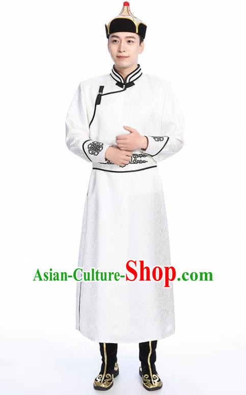 Chinese Traditional White Brocade Mongolian Robe Ethnic Men Dance Garment Mongol Minority Wedding Costume