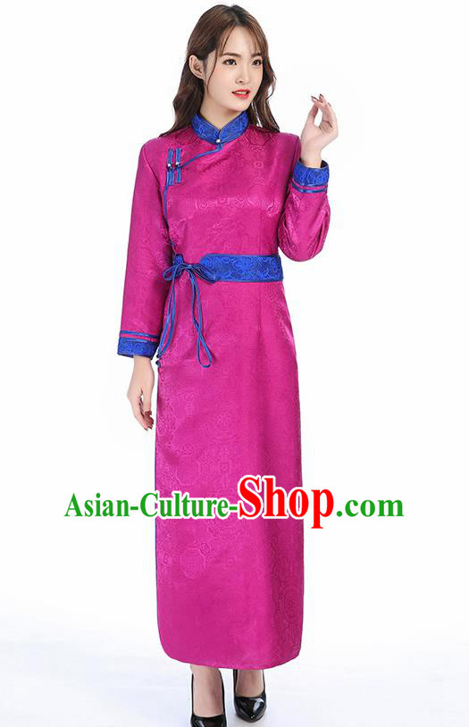 Traditional Chinese Mongol Minority Rosy Brocade Mongolian Robe Apparels Ethnic Costume Mongolian Nationality Women Garment Dress