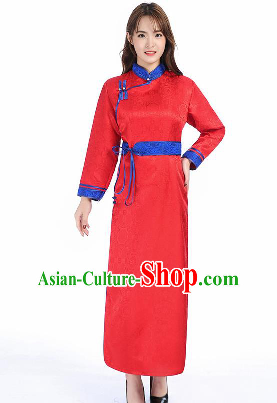 Traditional Chinese Mongol Minority Red Brocade Mongolian Robe Apparels Ethnic Costume Mongolian Nationality Women Garment Dress