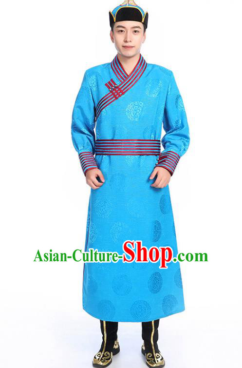 Chinese Traditional Ethnic Blue Mongolian Robe Mongolian Men Dance Garment Mongol Minority Stage Performance Costume