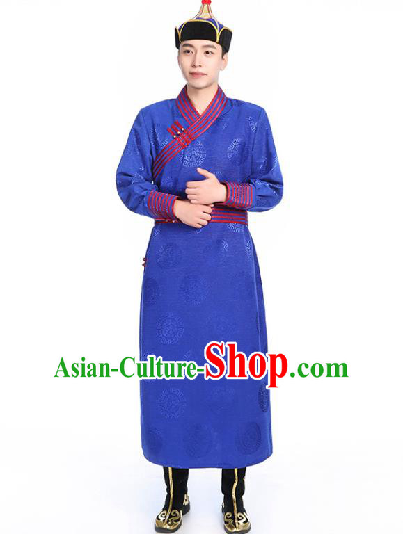 Chinese Traditional Ethnic Royalblue Mongolian Robe Mongolian Men Dance Garment Mongol Minority Stage Performance Costume