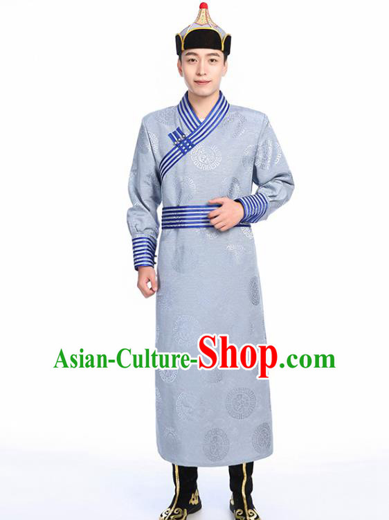 Chinese Traditional Ethnic Grey Mongolian Robe Mongolian Men Dance Garment Mongol Minority Stage Performance Costume