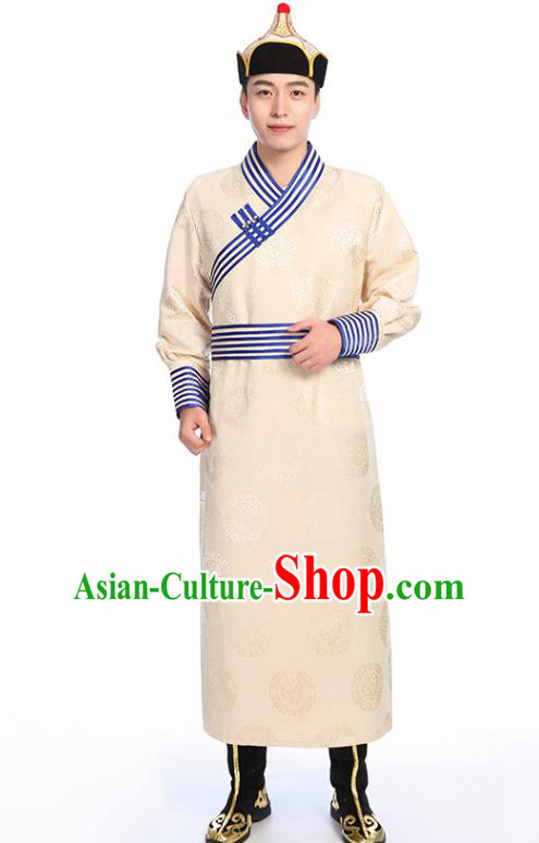 Chinese Traditional Ethnic Beige Mongolian Robe Mongolian Men Dance Garment Mongol Minority Stage Performance Costume