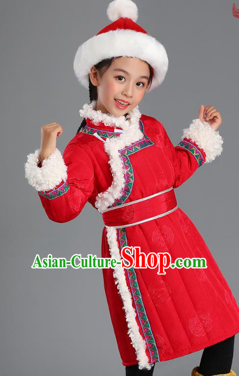 Traditional Chinese Mongol Minority Kids Red Mongolian Robe Winter Apparels Ethnic Costume Mongolian Nationality Children Garment