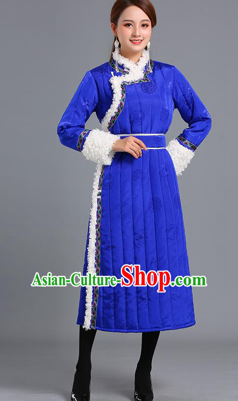 Traditional Chinese Mongol Minority Women Royalblue Mongolian Robe Apparels Ethnic Costume Mongolian Nationality Winter Garment