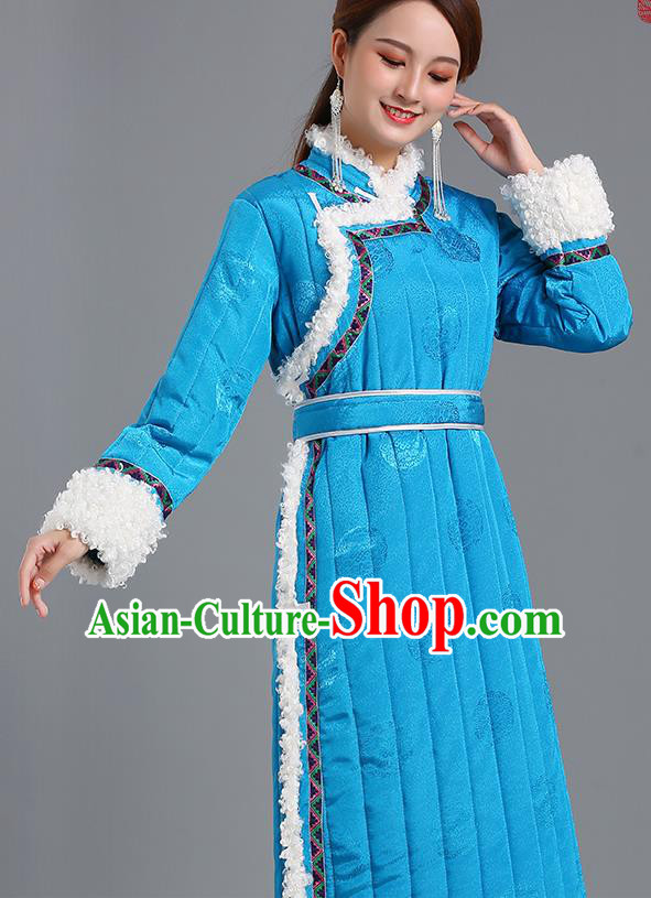 Traditional Chinese Mongol Minority Women Blue Mongolian Robe Apparels Ethnic Costume Mongolian Nationality Winter Garment