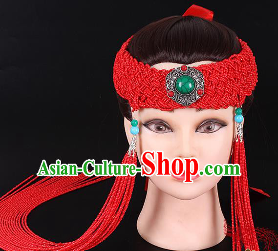 Traditional Chinese Mongol Minority Women Hair Accessories Mongolian Ethnic Dance Red Beads Tassel Hair Clasp