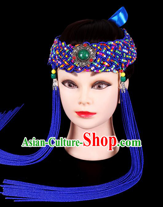 Traditional Chinese Mongol Minority Women Hair Accessories Mongolian Ethnic Dance Royalblue Beads Tassel Hair Clasp