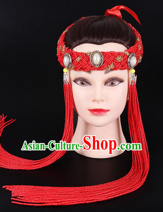 Traditional Chinese Mongol Minority Red Beads Tassel Hair Accessories Mongolian Ethnic Women Dance Hair Clasp