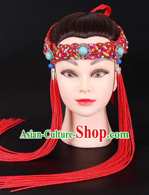 Traditional Chinese Mongol Minority Red Beads Tassel Headband Mongolian Ethnic Women Dance Hair Clasp Hair Accessories