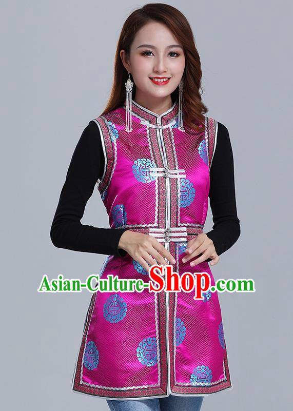 Traditional Chinese Ethnic Women Rosy Brocade Vest Apparels Mongol Minority Garment Nationality Folk Dance Costume