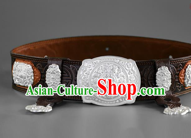 Traditional Chinese Mongol Minority Deep Brown Leather Belt Mongolian Ethnic Folk Dance Waistband for Men