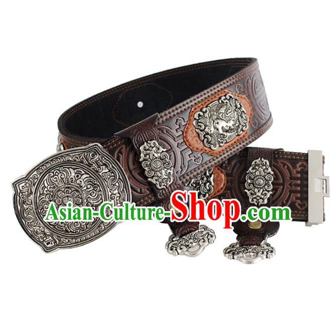 Traditional Chinese Mongol Minority Brown Leather Belt Mongolian Ethnic Folk Dance Waistband for Men