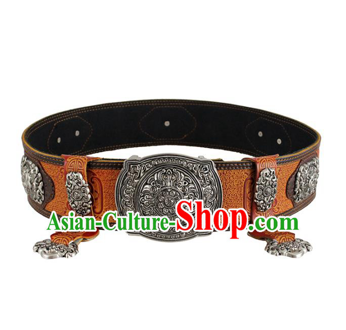 Traditional Chinese Mongol Minority Orange Leather Belt Mongolian Ethnic Folk Dance Waistband for Men