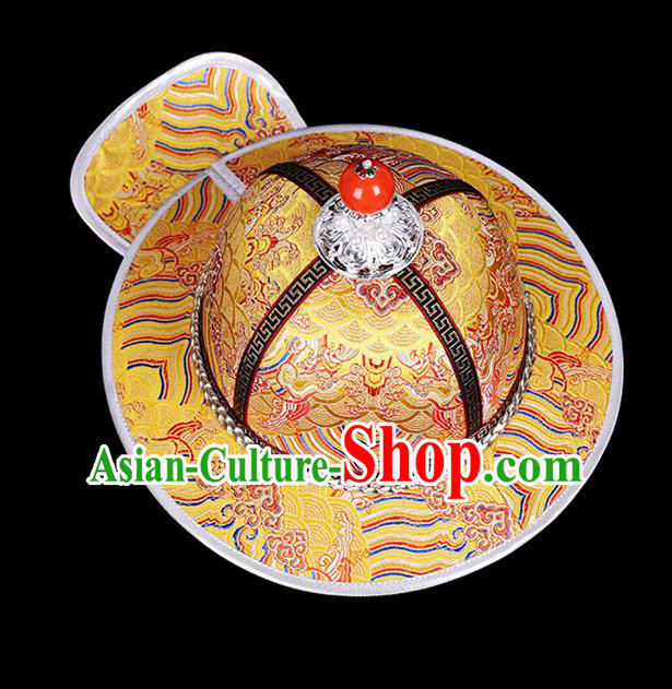 Traditional Chinese Mongol Minority Children Golden Brocade Hat Mongolian Ethnic Dance Performance Headwear for Kids