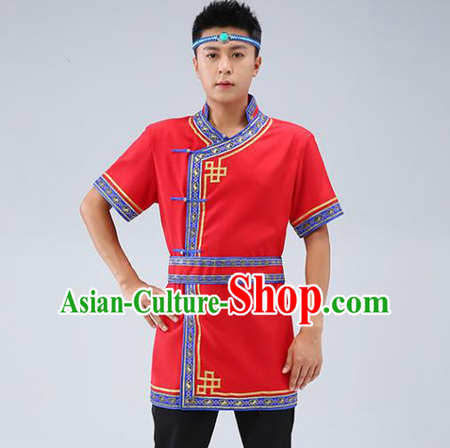 Chinese Traditional Ethnic Red Short Sleeve Shirt Mongolian Dance Upper Outer Garment Mongol Minority Men Costume