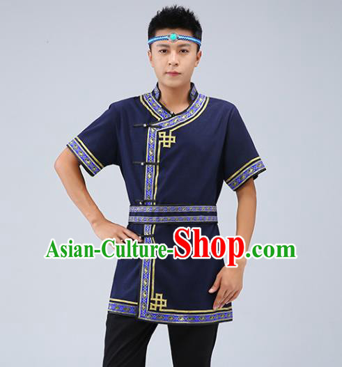 Chinese Traditional Ethnic Navy Short Sleeve Shirt Mongolian Dance Upper Outer Garment Mongol Minority Men Costume