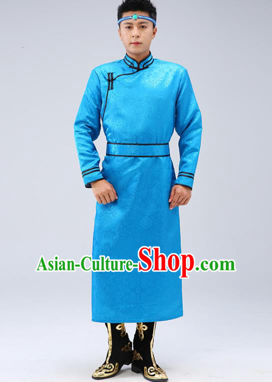 Chinese Traditional Men Blue Brocade Mongolian Robe Ethnic Dance Garment Mongol Minority Wedding Costume