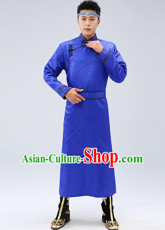 Chinese Traditional Men Royalblue Brocade Mongolian Robe Ethnic Dance Garment Mongol Minority Wedding Costume