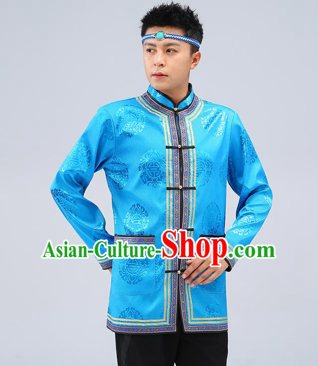 Chinese Traditional Mongolian Men Blue Brocade Shirt Mongol Minority Costume Ethnic Dance Upper Outer Garment