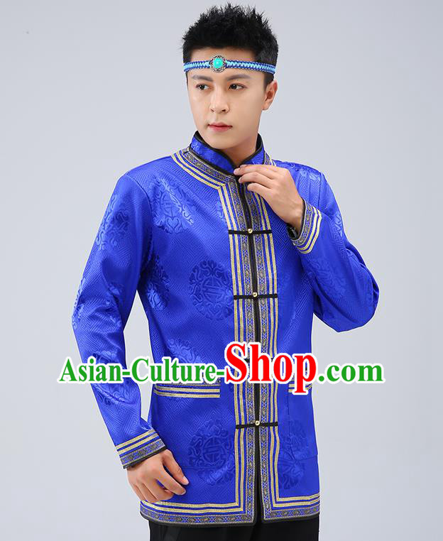 Chinese Traditional Mongolian Men Royalblue Brocade Shirt Mongol Minority Costume Ethnic Dance Upper Outer Garment