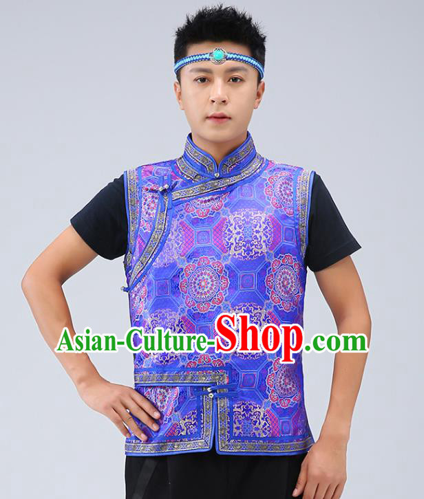 Chinese Traditional Mongol Minority Royalblue Brocade Vest Mongolian Costume Ethnic Men Upper Outer Garment Waistcoat