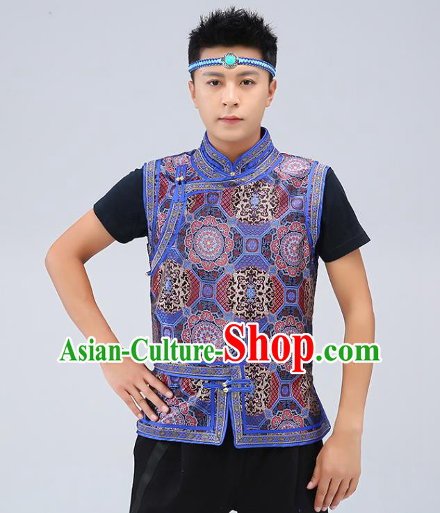 Chinese Traditional Mongol Minority Navy Brocade Vest Mongolian Costume Ethnic Men Upper Outer Garment Waistcoat