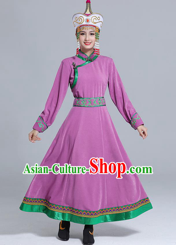 Traditional Chinese Mongol Minority Wedding Mongolian Robe Dance Apparels Mongolian Nationality Costume Ethnic Women Purple Dress Garment