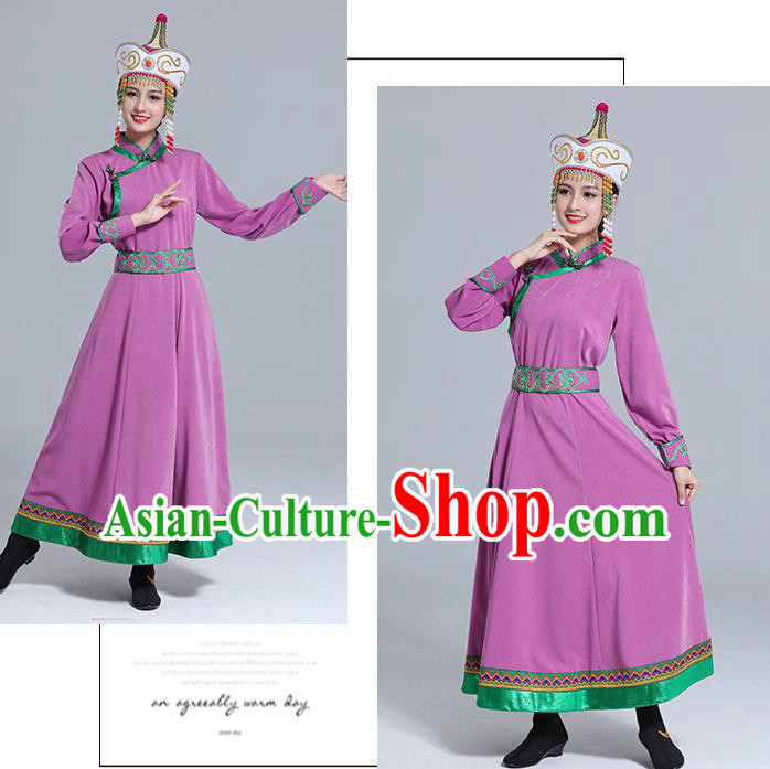 Traditional Chinese Mongol Minority Wedding Mongolian Robe Dance Apparels Mongolian Nationality Costume Ethnic Women Purple Dress Garment