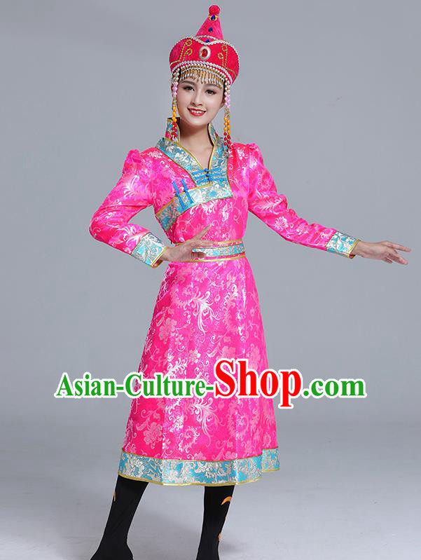 Traditional Chinese Ethnic Women Pink Brocade Mongolian Robe Dance Apparels Mongol Minority Dress Garment Nationality Costume