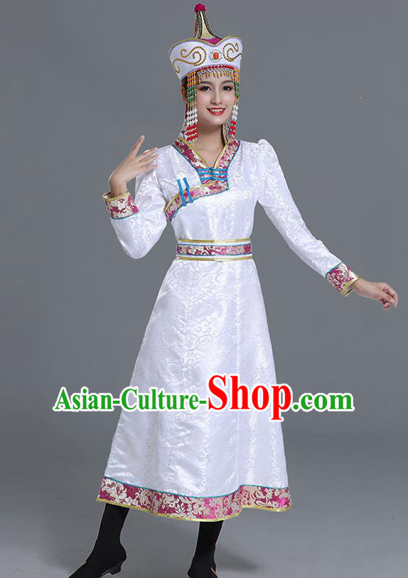 Traditional Chinese Ethnic Women White Brocade Mongolian Robe Dance Apparels Mongol Minority Dress Garment Nationality Costume