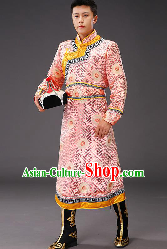 Chinese Traditional Pink Brocade Mongolian Robe Costume Mongol Minority Ethnic Men Garment