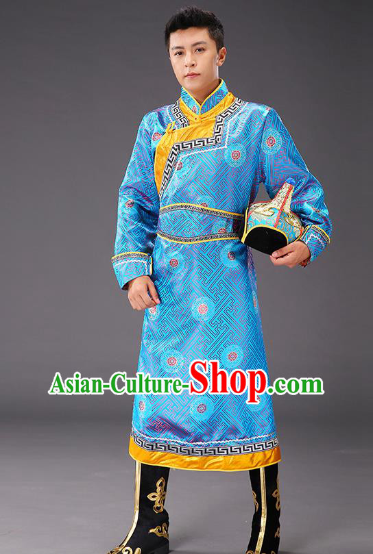 Chinese Traditional Blue Brocade Mongolian Robe Costume Mongol Minority Ethnic Men Garment