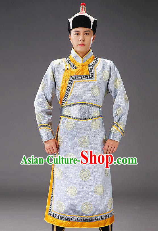 Chinese Traditional Grey Brocade Mongolian Robe Costume Mongol Minority Ethnic Men Garment