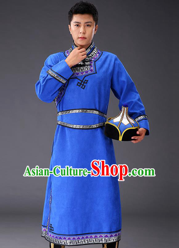 Chinese Traditional Royalblue Suede Fabric Mongolian Robe Costume Mongol Minority Ethnic Men Stage Performance Garment