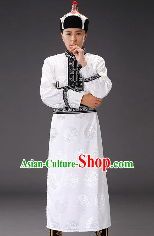 Chinese Traditional Mongol Minority Men White Mongolian Robe Costume Ethnic Stage Performance Garment