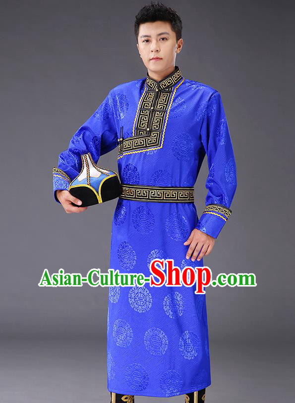 Chinese Traditional Mongol Minority Men Royalblue Mongolian Robe Costume Ethnic Stage Performance Garment