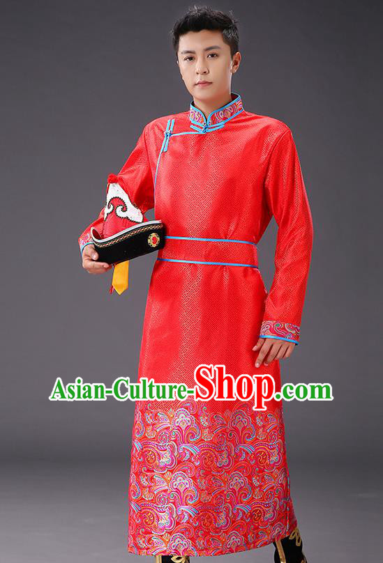 Chinese Traditional Mongol Minority Men Costume Ethnic Stage Performance Garment Red Brocade Mongolian Robe