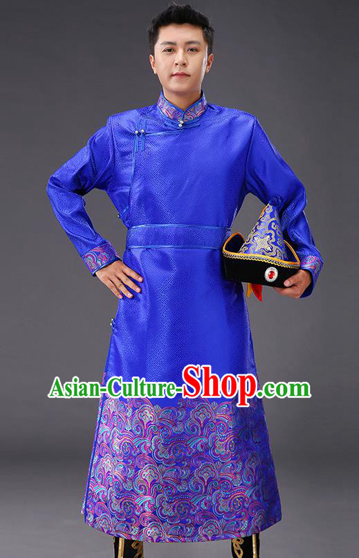 Chinese Traditional Mongol Minority Men Costume Ethnic Stage Performance Garment Royalblue Brocade Mongolian Robe