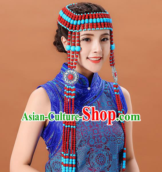 Traditional Chinese Mongol Minority Beads Long Tassel Headband Mongolian Ethnic Women Dance Hair Clasp Hair Accessories