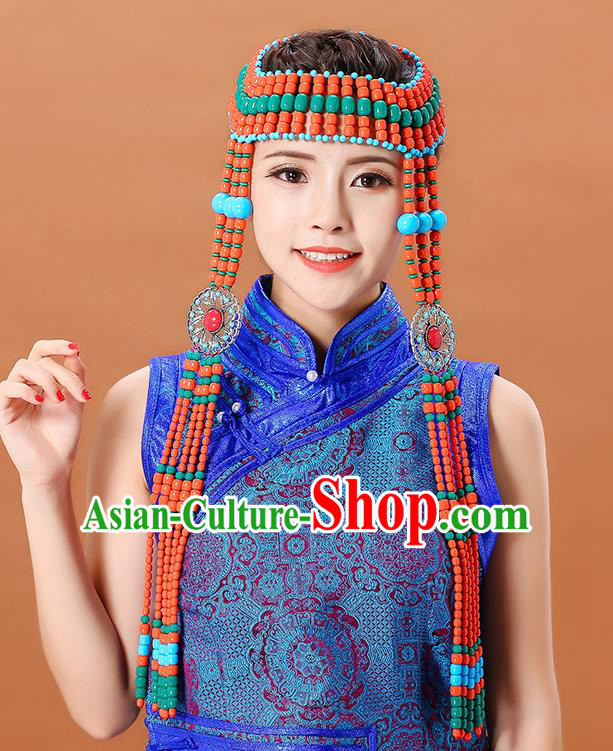 Traditional Chinese Mongol Minority Orange Beads Long Tassel Headband Mongolian Ethnic Women Dance Hair Clasp Hair Accessories